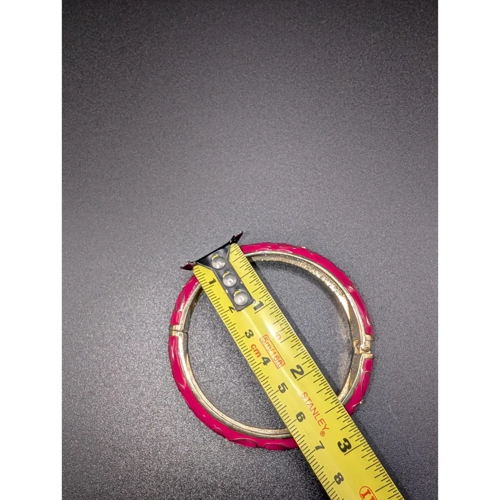 Pink Enamel Gold Tone Hinged Bangle Bracelet Floral Rhinestone Costume Jewelry